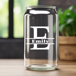 Minimalist White Letter E Monogram and Custom Name Can Glass