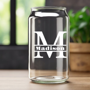 Minimalist White Letter M Monogram and Custom Name Can Glass