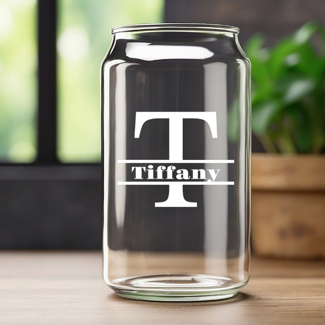 Minimalist White Letter T Monogram and Custom Name Can Glass (Creator Uploaded)
