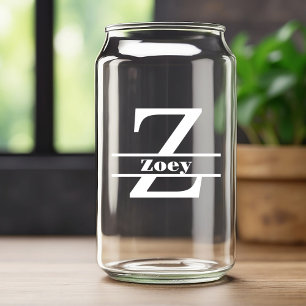 Minimalist White Letter Z Monogram and Custom Name Can Glass