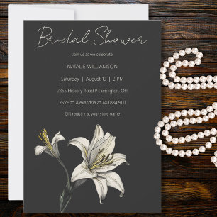 Minimalist White Lily on Black Bridal Shower Invitation