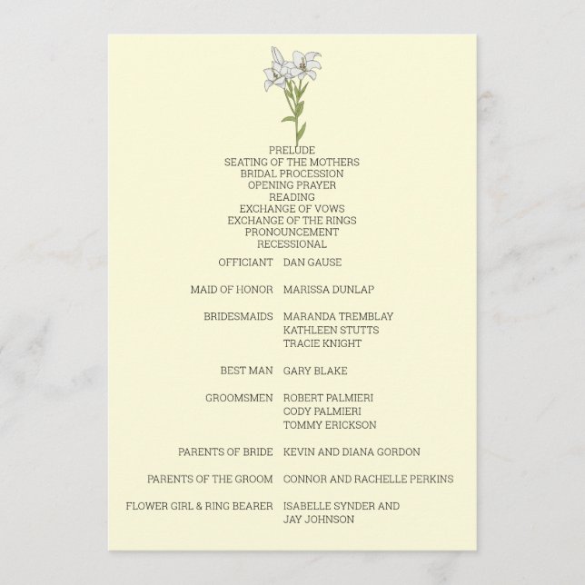 Minimalist White Lily Wedding Programme (Front)
