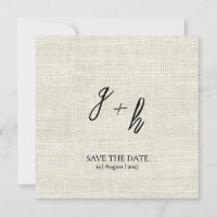 Minimalist White Linen Vintage Save Date Initials