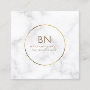 Minimalist White Marble Circle Gold Monogram Square Business Card