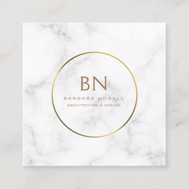 Minimalist White Marble Circle Gold Monogram Square Business Card (Front)