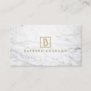 Minimalist White Marble Gold Box Monogram Business Card