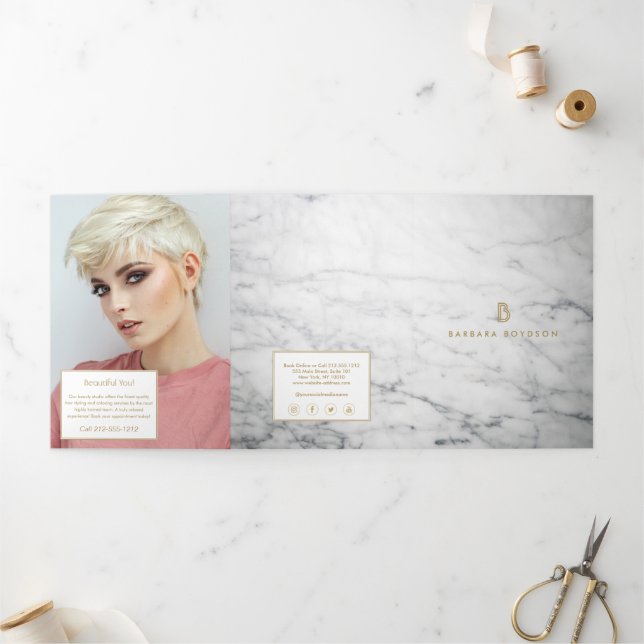 Minimalist White Marble Gold Monogram Brochure (Outside)