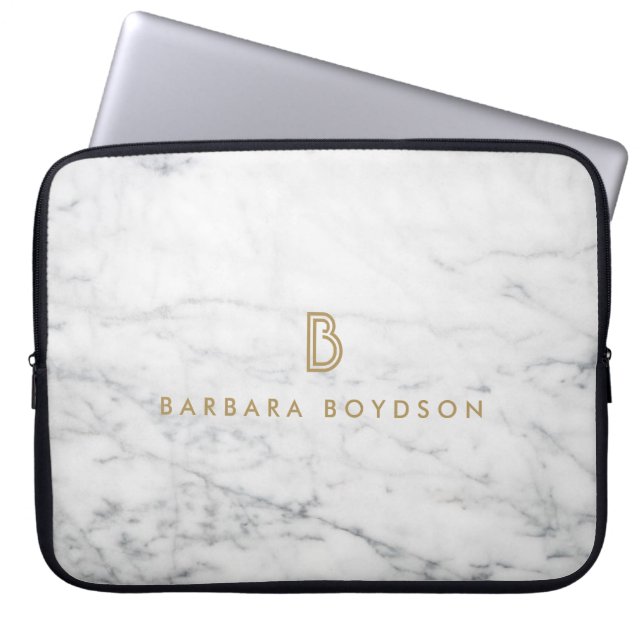 Minimalist White Marble Gold Monogram Laptop Sleeve (Front)
