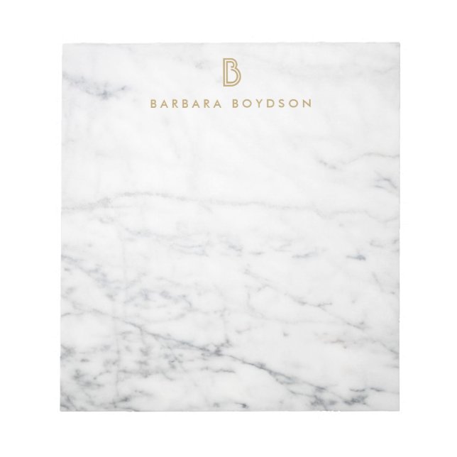 Minimalist White Marble Gold Monogram Notepad (Front)
