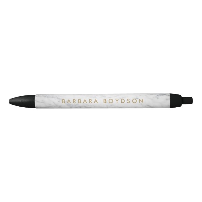 Minimalist White Marble Gold Name Personalised Black Ink Pen (Front)