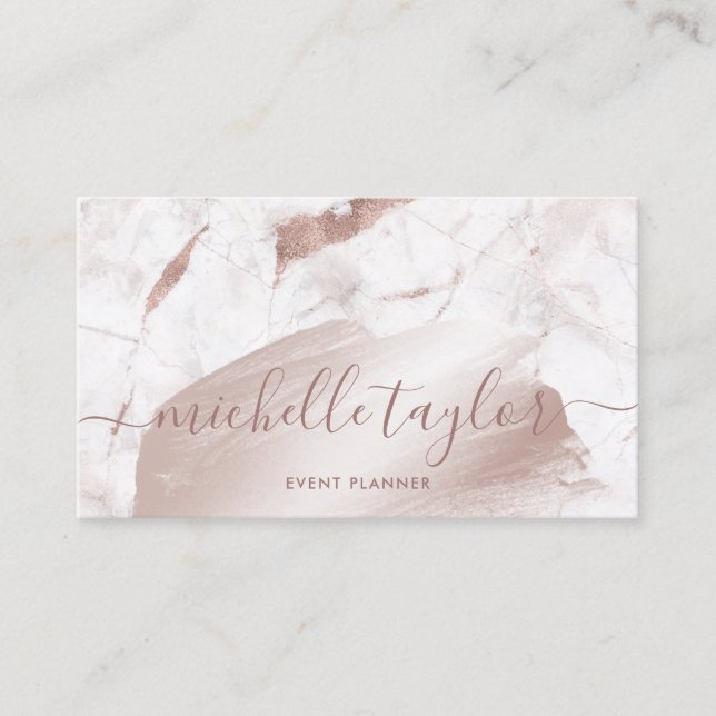 Minimalist white marble rose gold signature script business card (Front)