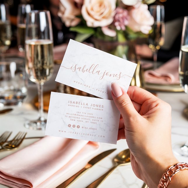 Minimalist white marble rose gold signature script business card (Minimalist white marble rose gold signature script)