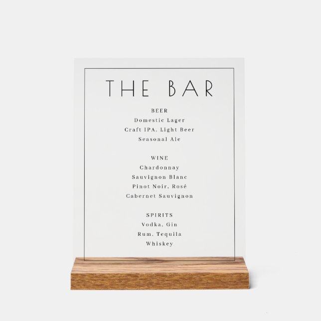 Minimalist White Modern Bar Menu Acrylic Sign (Front)