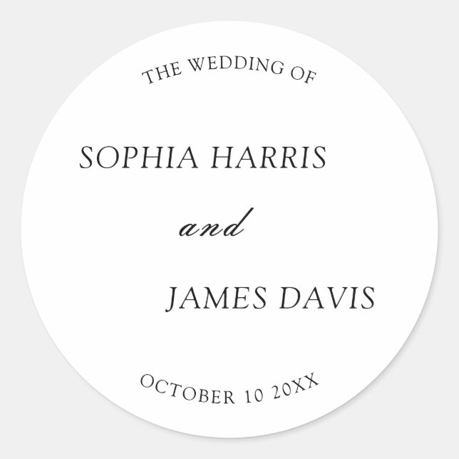 Minimalist White Modern Elegant Wedding  Classic Round Sticker (Front)