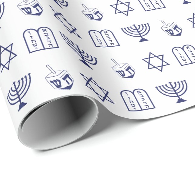 Minimalist white navy blue Jewish icons Hanukkah  Wrapping Paper (Roll Corner)