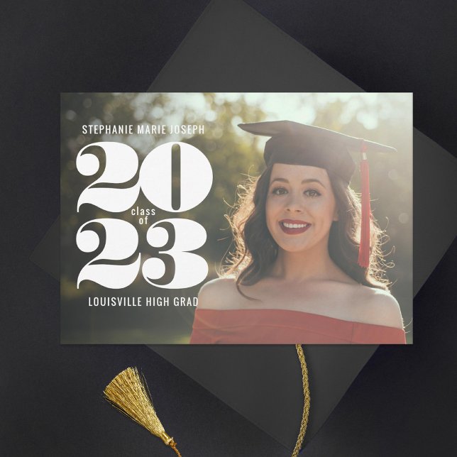 Minimalist White Numeric Date Photo Graduation Announcement (Creator Uploaded)
