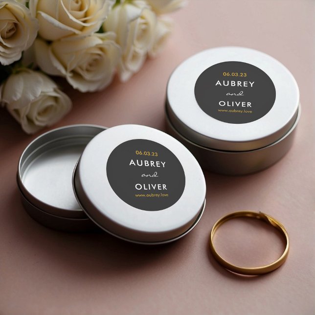 Minimalist White on Black Wedding Date Monogram Classic Round Sticker (Stickers on Wedding Favor Tins)