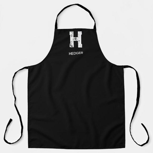 MINIMALIST WHITE ONE LETTER MONOGRAM NAME BLACK APRON (Front)