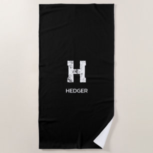MINIMALIST WHITE ONE LETTER MONOGRAM NAME BLACK BEACH TOWEL