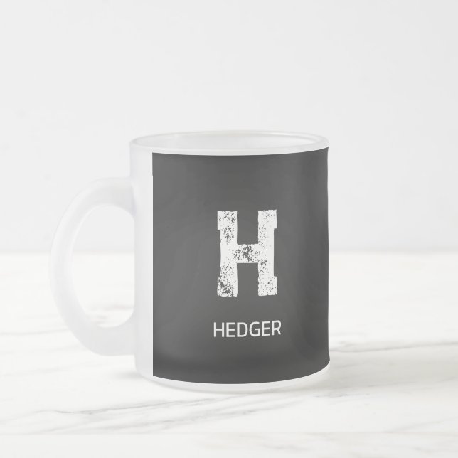 MINIMALIST WHITE ONE LETTER MONOGRAM NAME BLACK FROSTED GLASS COFFEE MUG (Left)