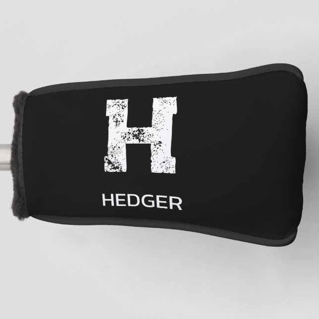 MINIMALIST WHITE ONE LETTER MONOGRAM NAME BLACK  GOLF HEAD COVER (Front)
