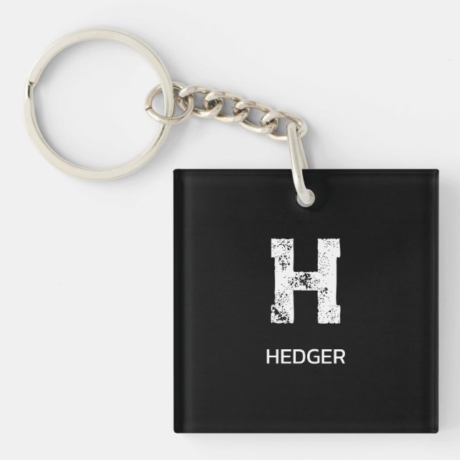 MINIMALIST WHITE ONE LETTER MONOGRAM NAME BLACK KEY RING (Front)