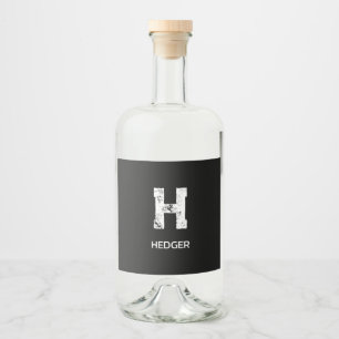 MINIMALIST WHITE ONE LETTER MONOGRAM NAME BLACK LIQUOR BOTTLE LABEL
