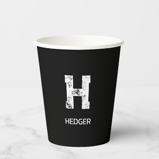 MINIMALIST WHITE ONE LETTER MONOGRAM NAME BLACK PAPER CUPS (Front)