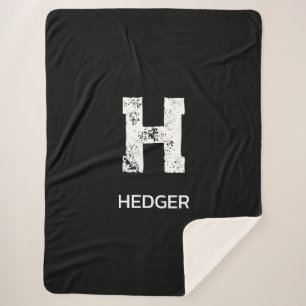 MINIMALIST WHITE ONE LETTER MONOGRAM NAME BLACK  SHERPA BLANKET