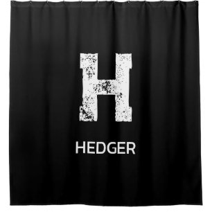 MINIMALIST WHITE ONE LETTER MONOGRAM NAME BLACK SHOWER CURTAIN