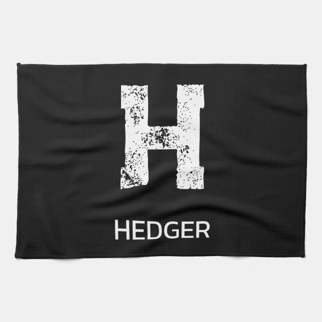 MINIMALIST WHITE ONE LETTER MONOGRAM NAME BLACK  TEA TOWEL (Horizontal)