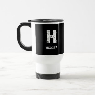MINIMALIST WHITE ONE LETTER MONOGRAM NAME BLACK TRAVEL MUG