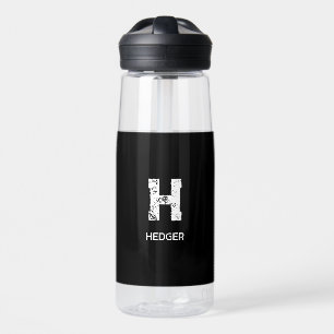 MINIMALIST WHITE ONE LETTER MONOGRAM NAME BLACK WATER BOTTLE