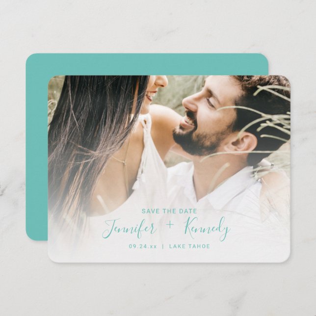 Minimalist White Overlay Aqua Script & Photo Save The Date (Front/Back)