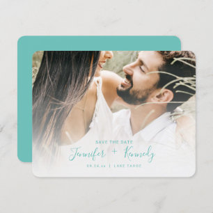 Minimalist White Overlay Aqua Script & Photo Save The Date