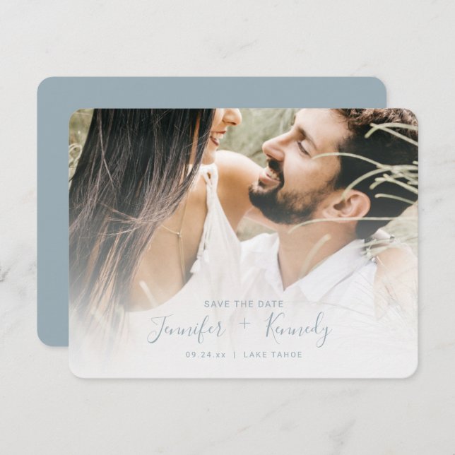 Minimalist White Overlay Dusty Blue Script & Photo Save The Date (Front/Back)