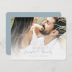 Minimalist White Overlay Dusty Blue Script & Photo Save The Date