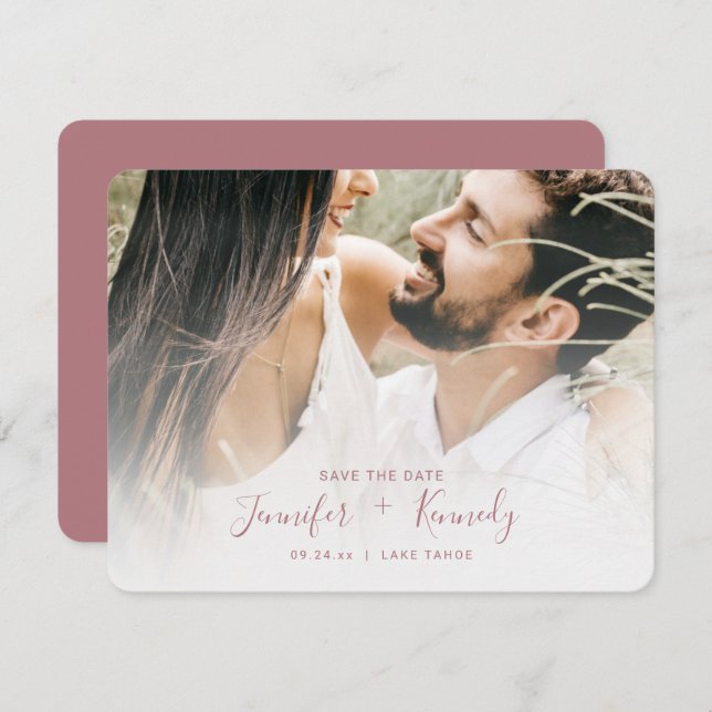 Minimalist White Overlay Dusty Rose Script & Photo Save The Date (Front/Back)
