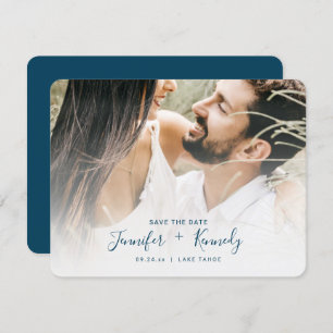 Minimalist White Overlay Navy Blue Text & Photo Save The Date