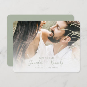 Minimalist White Overlay Sage Green Script & Photo Save The Date