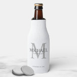 Minimalist White Personalised Groomsmen Bottle Cooler<br><div class="desc">Add a personal touch to your wedding with personalised groomsmen bottle cooler. This bottle cooler features personalised groomsman's name with title and wedding date in grey and monogram in light grey as background, in classic serif font style, on white background. Also perfect for best man, father of the bride, ring...</div>