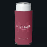 Minimalist White Personalised Groomsmen Can Cooler<br><div class="desc">Add a personal touch to your wedding with personalised groomsmen can cooler. This can cooler features personalised groomsman's name with title and wedding date in white and monogram in light burgundy red as background, in classic serif font style, on burgundy red background. Also perfect for best man, father of the...</div>
