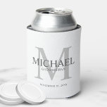 Minimalist White Personalised Groomsmen Can Cooler<br><div class="desc">Add a personal touch to your wedding with personalised groomsmen can cooler. This can cooler features personalised groomsman's name with title and wedding date in grey and monogram in light grey as background, in classic serif font style, on white background. Also perfect for best man, father of the bride, ring...</div>