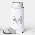 Minimalist White Personalised Groomsmen Can Cooler<br><div class="desc">Add a personal touch to your wedding with personalised groomsmen can cooler. This can cooler features personalised groomsman's name with title and wedding date in grey and monogram in light grey as background, in classic serif font style, on white background. Also perfect for best man, father of the bride, ring...</div>