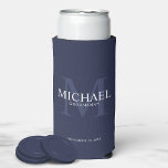 Minimalist White Personalised Groomsmen Can Cooler<br><div class="desc">Add a personal touch to your wedding with personalised groomsmen can cooler. This can cooler features personalised groomsman's name with title and wedding date in white and monogram in light navy blue as background, in classic serif font style, on navy blue background. Also perfect for best man, father of the...</div>