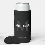 Minimalist White Personalised Groomsmen Can Cooler<br><div class="desc">Add a personal touch to your wedding with personalised groomsmen can cooler. This can cooler features personalised groomsman's name with title and wedding date in white and monogram in grey as background, in classic serif font style, on black background. Also perfect for best man, father of the bride, ring bearer...</div>