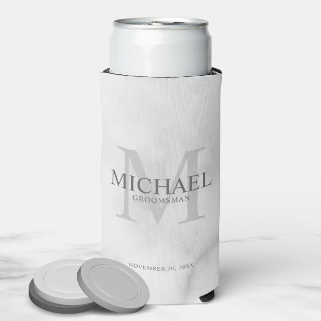 Minimalist White Personalised Groomsmen Can Cooler (Creator Uploaded)