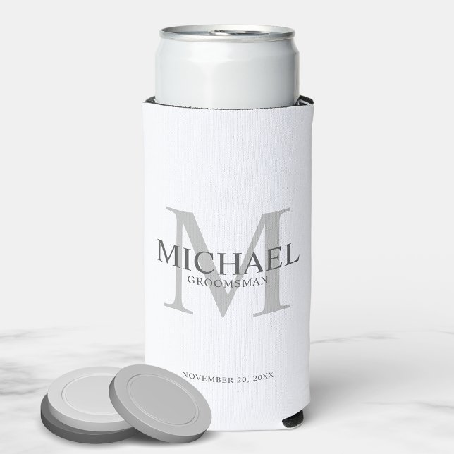 Minimalist White Personalised Groomsmen Can Cooler (Creator Uploaded)