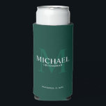 Minimalist White Personalised Groomsmen Can Cooler<br><div class="desc">Add a personal touch to your wedding with personalised groomsmen can cooler. This can cooler features personalised groomsman's name with title and wedding date in white and monogram in light emerald green as background, in classic serif font style, on emerald green background. Also perfect for best man, father of the...</div>
