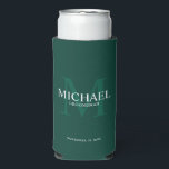 Minimalist White Personalised Groomsmen Can Cooler<br><div class="desc">Add a personal touch to your wedding with personalised groomsmen can cooler. This can cooler features personalised groomsman's name with title and wedding date in white and monogram in light emerald green as background, in classic serif font style, on emerald green background. Also perfect for best man, father of the...</div>